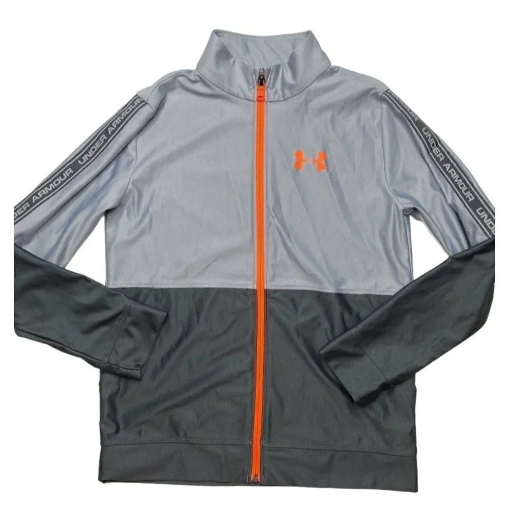 Boys Under Armour Gray Orange Full Zip Track Jacket‎ Loose HeatGear Large YLG